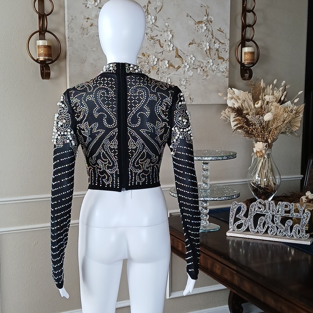 Banjul Black Beaded Long-Sleeve Crop Sheer Cocktail Mock Neck Top. Size M - Picture 8 of 17